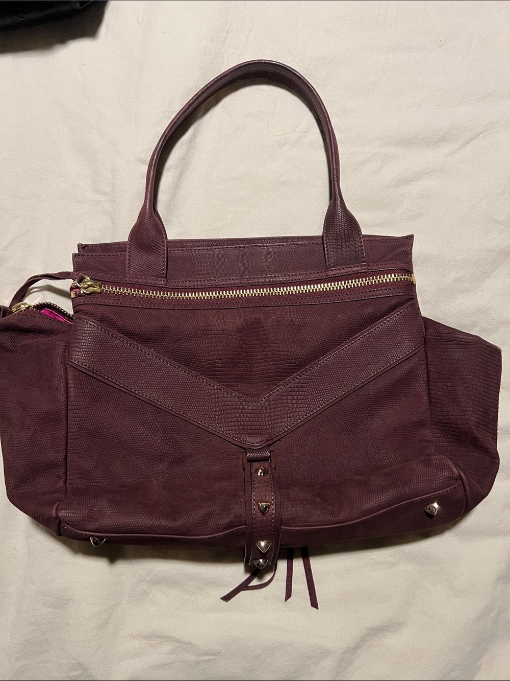 Suede botkier trigger satchel with hot pink